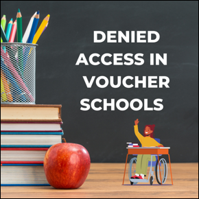 Denied Access in Voucher Schools. School blackboard with books and pencils. Illustration of student in a wheelchair raising her hand at her desk. 